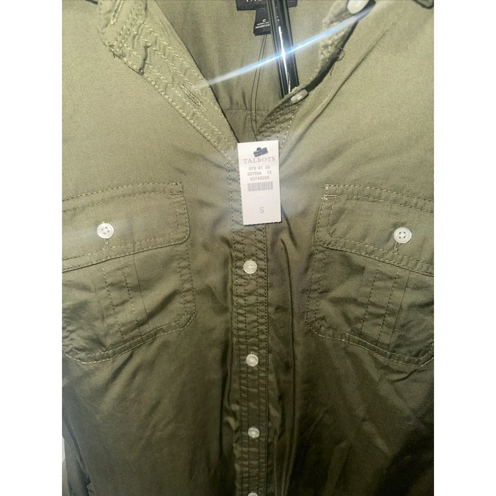 Talbots Olive Green Button Down Shirt Tunic Two Pocket Long Sleeve Top Small - Picture 2 of 5